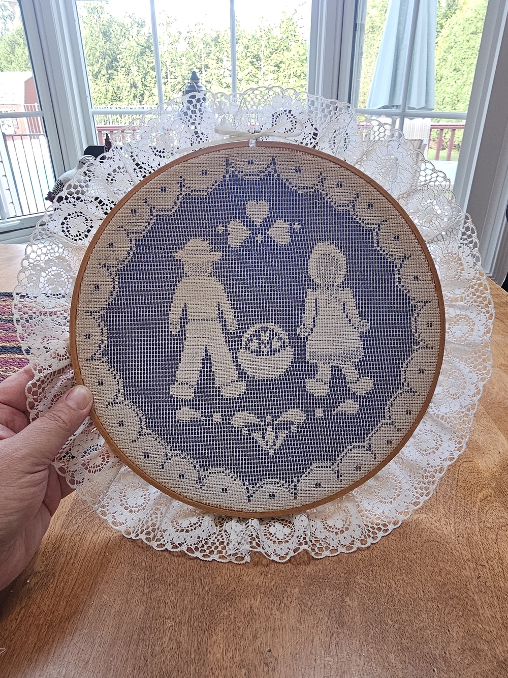 Vintage 1980's Amish Blue & White Lace Hoop Wall Hanging
